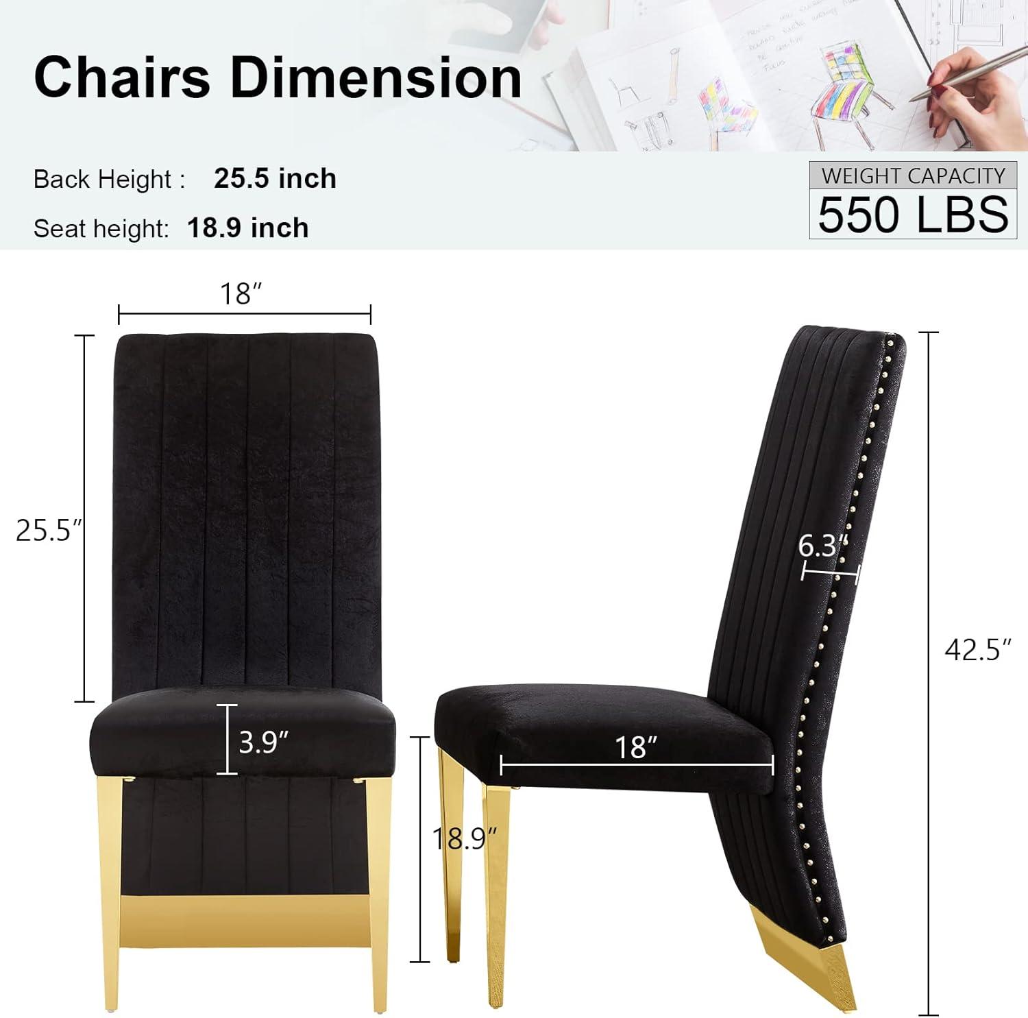 7 Pieces Black and Gold Dining Table Set, Kitchen and Dining Room Table Set with 6 Black Velvet Upholstered Chairs, 72" Rectangular Dining Table Set for 6