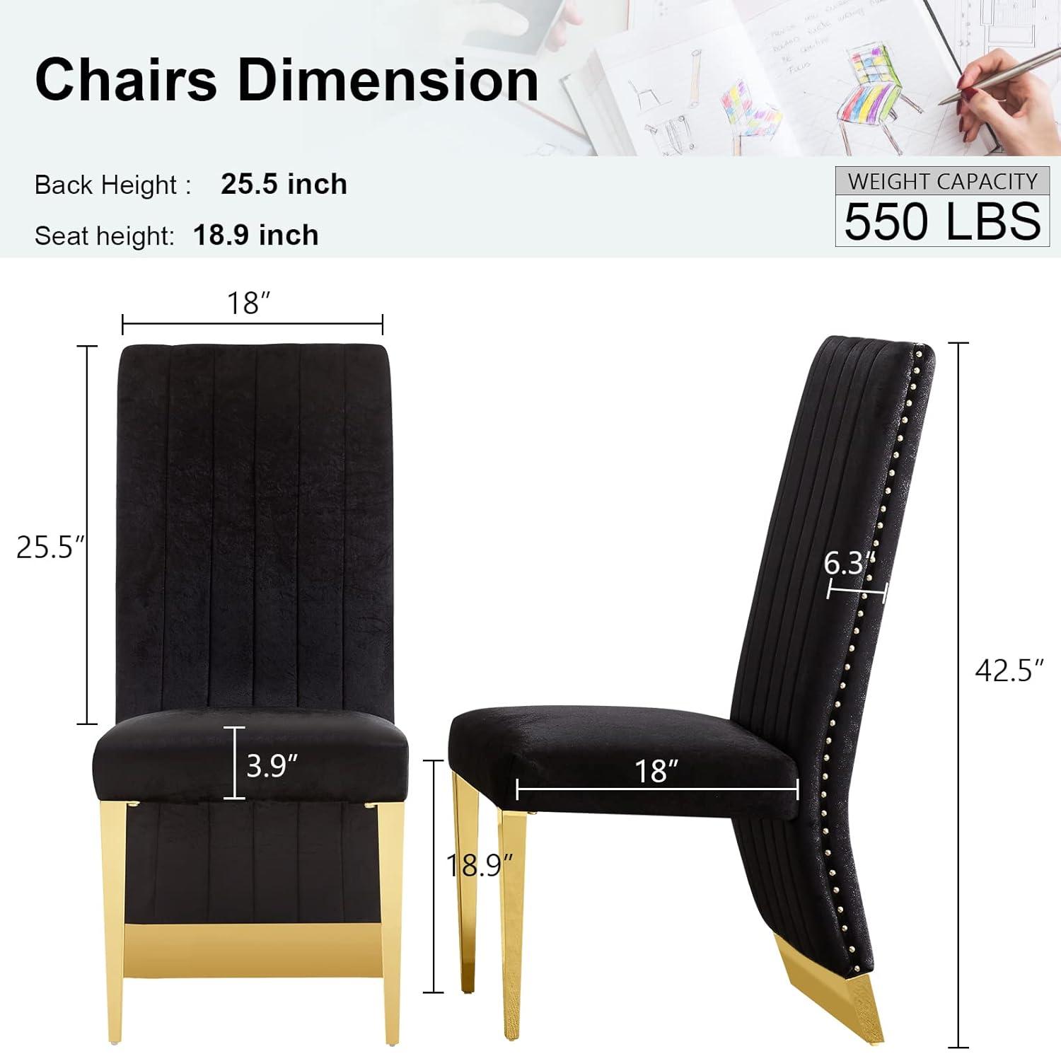 7 Pieces Black and Gold Dining Table Set, Kitchen and Dining Room Table Set with 6 Black Velvet Upholstered Chairs, 72" Rectangular Dining Table Set for 6