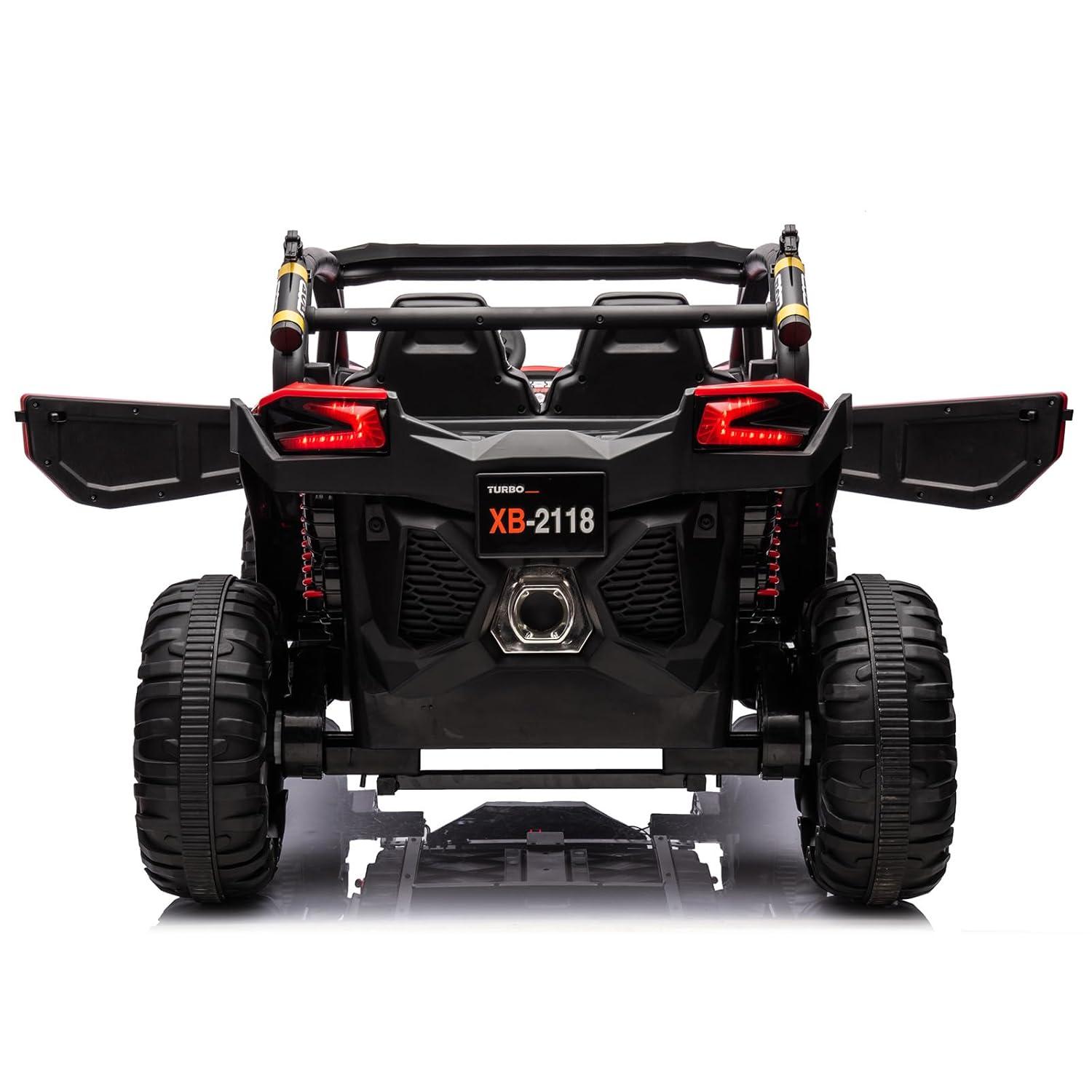 Huloretions Two Seater 24V Kids Ride on UTV Car, 4WD 300W Motors Powerful Electric Vehicle w/Remote Control, 4 Shock Absorbers, Leather Seats, Music and Lights, Electric Car for Kids