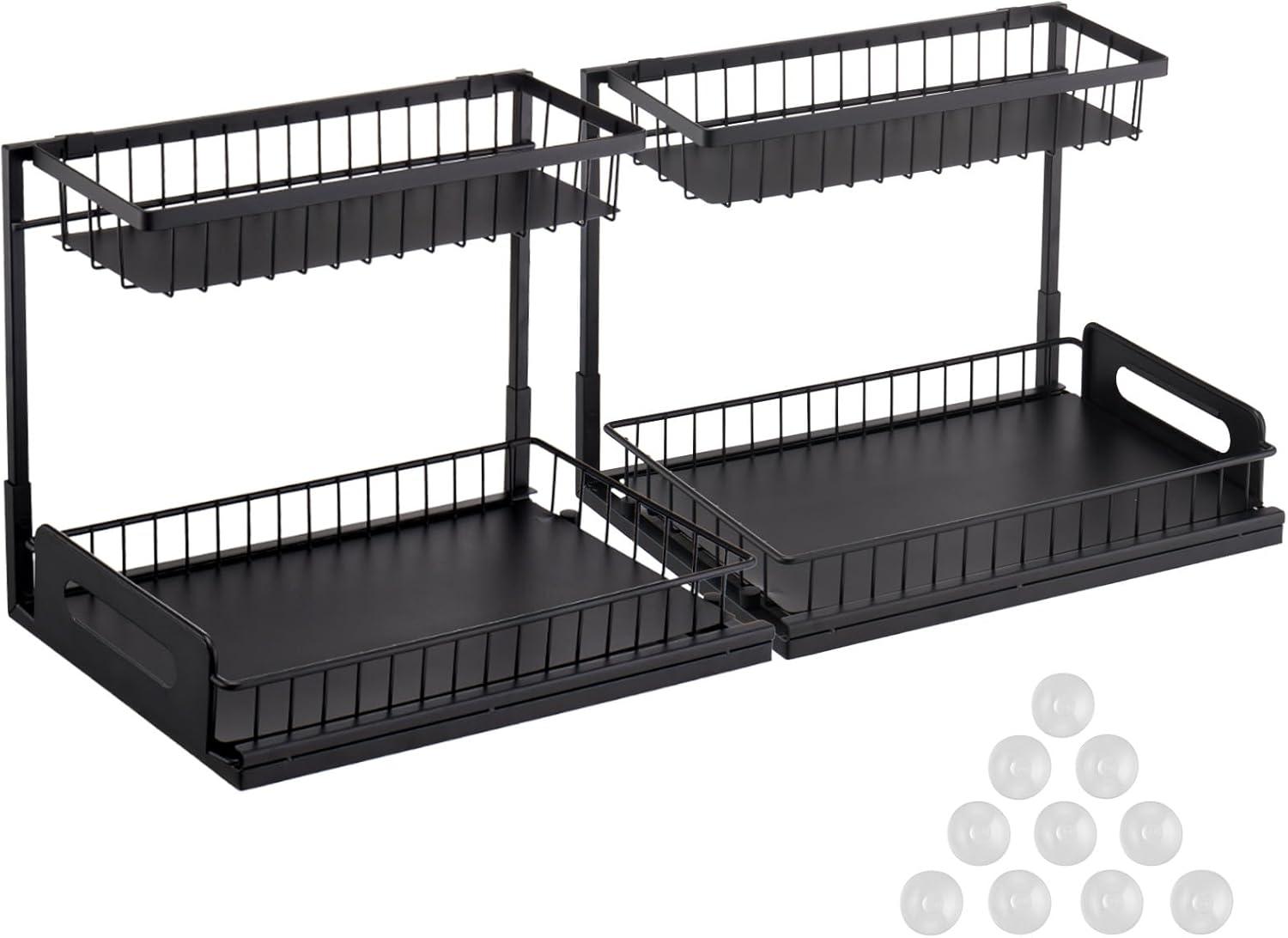 VEVOR 2 Tier Pull Out Cabinet Organizer(10.7"W x 14.2"D ), Under Sink Organizer and Storage, Slide Out Drawer Cabinet Organizer, Wire Basket Sliding Shelf for Kitchen Bathroom Cabinet, Black (2 Pack)