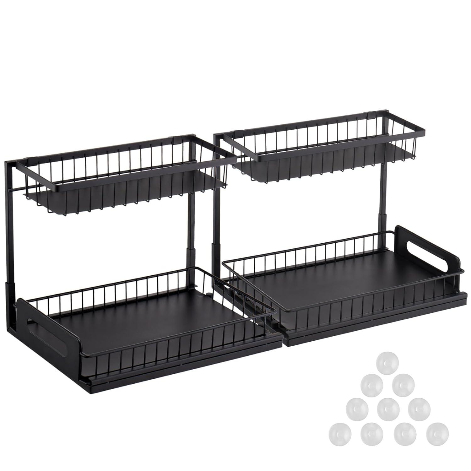 VEVOR 2 Tier Pull Out Cabinet Organizer(10.7"W x 14.2"D ), Under Sink Organizer and Storage, Slide Out Drawer Cabinet Organizer, Wire Basket Sliding Shelf for Kitchen Bathroom Cabinet, Black (2 Pack)