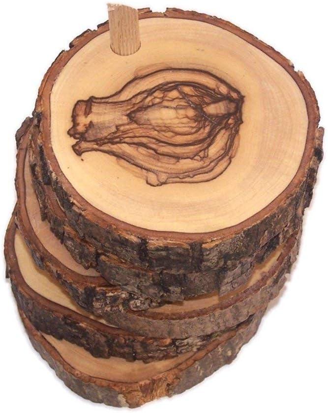 Hand Carved Olive Wood Natural Coaster Set of 5 plus base - Connected (about 3.5 Inches each) - Asfour Outlet Trademark
