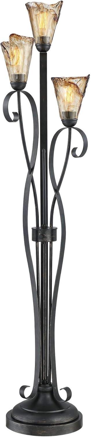 Powder Coated Black 64" Transitional Multi-Head Torchiere with Amber Glass Shades