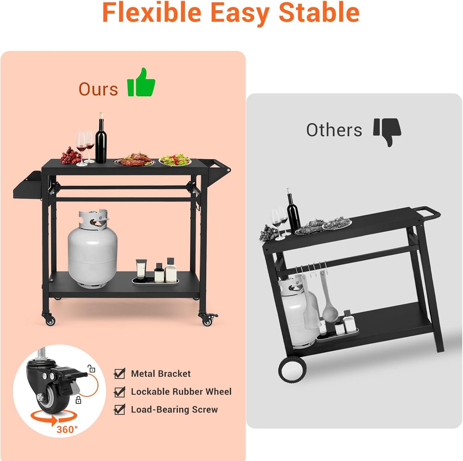 Outdoor Grill Cart, Pizza Oven Stand Table with Wheels for Outside Patio, Heavy Duty Movable Outdoor Cooking Prep Table BBQ Smoker Cart for Backyard, Camping and Parties