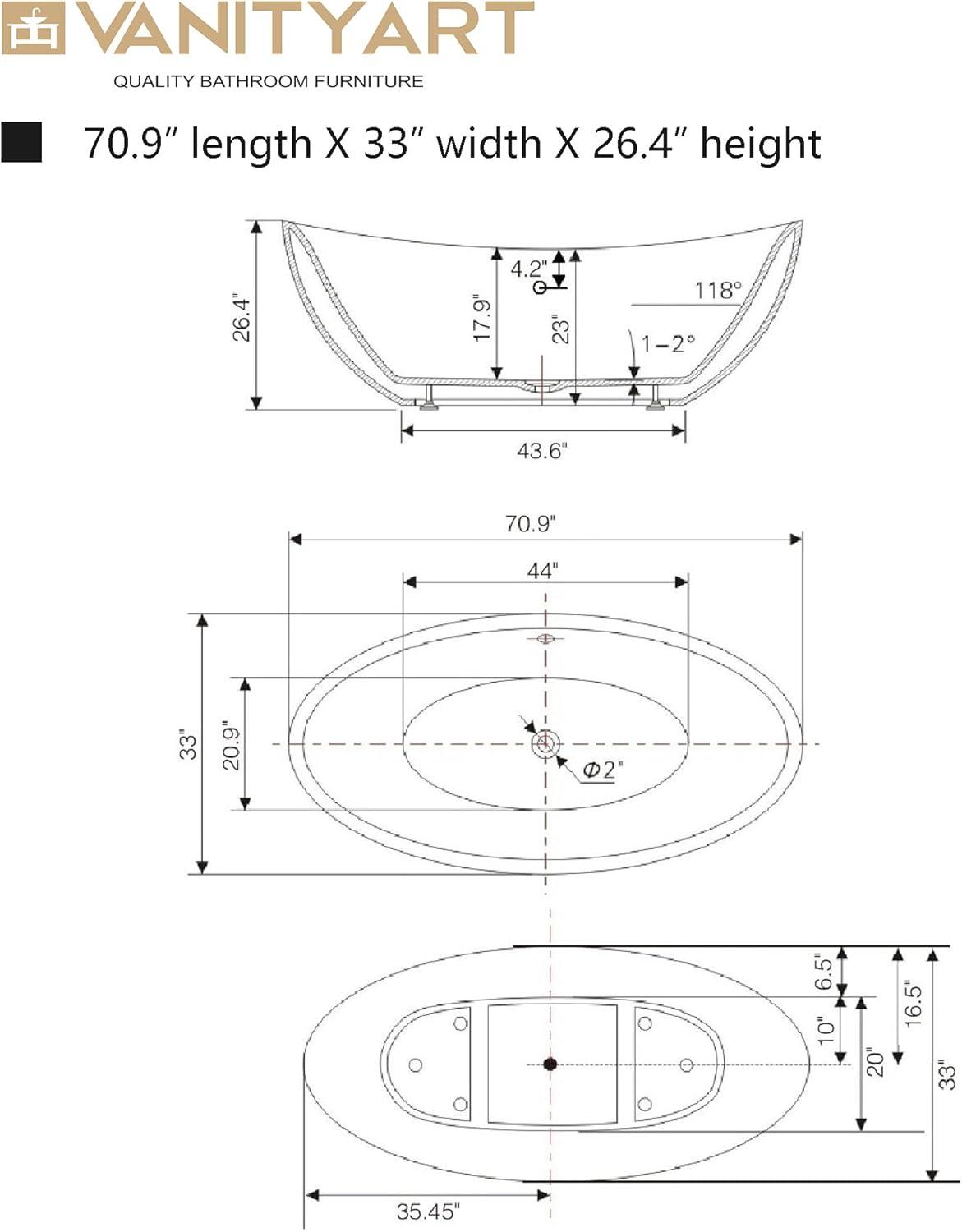 71" x 33" Freestanding Soaking Acrylic Bathtub