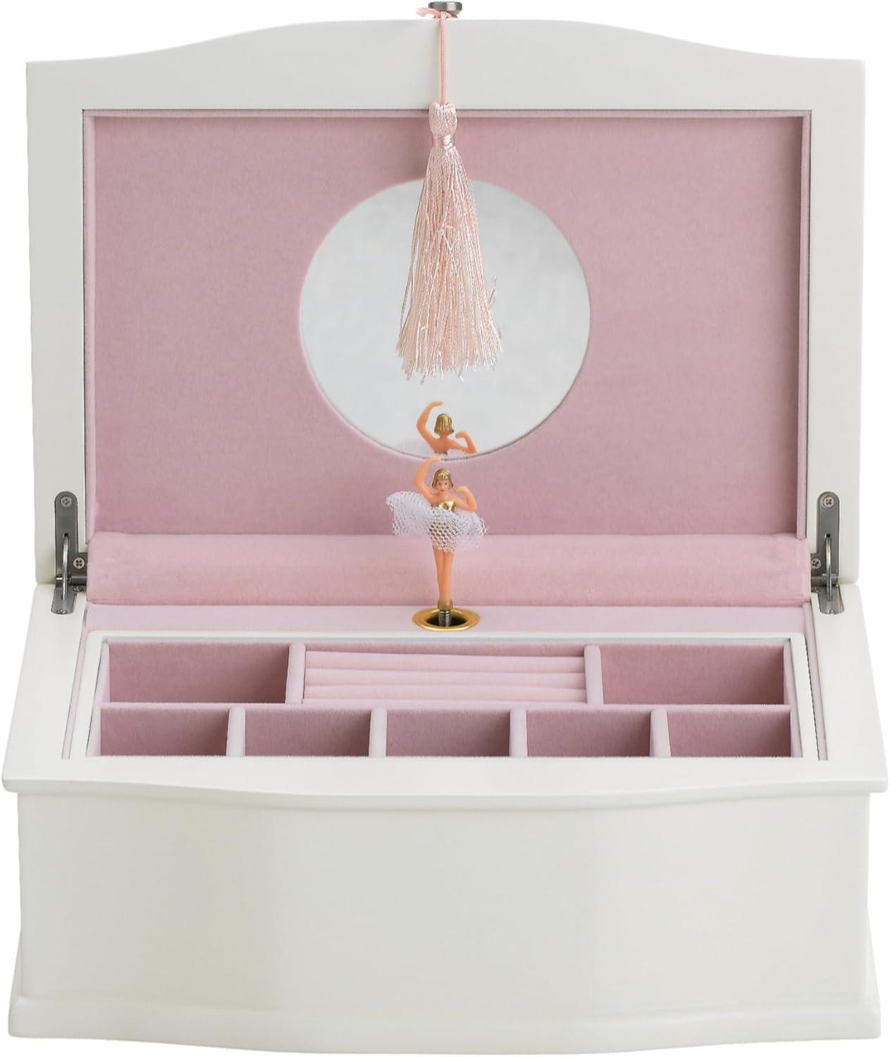 White Wood Ballerina Musical Jewelry Box with Pink Tassel