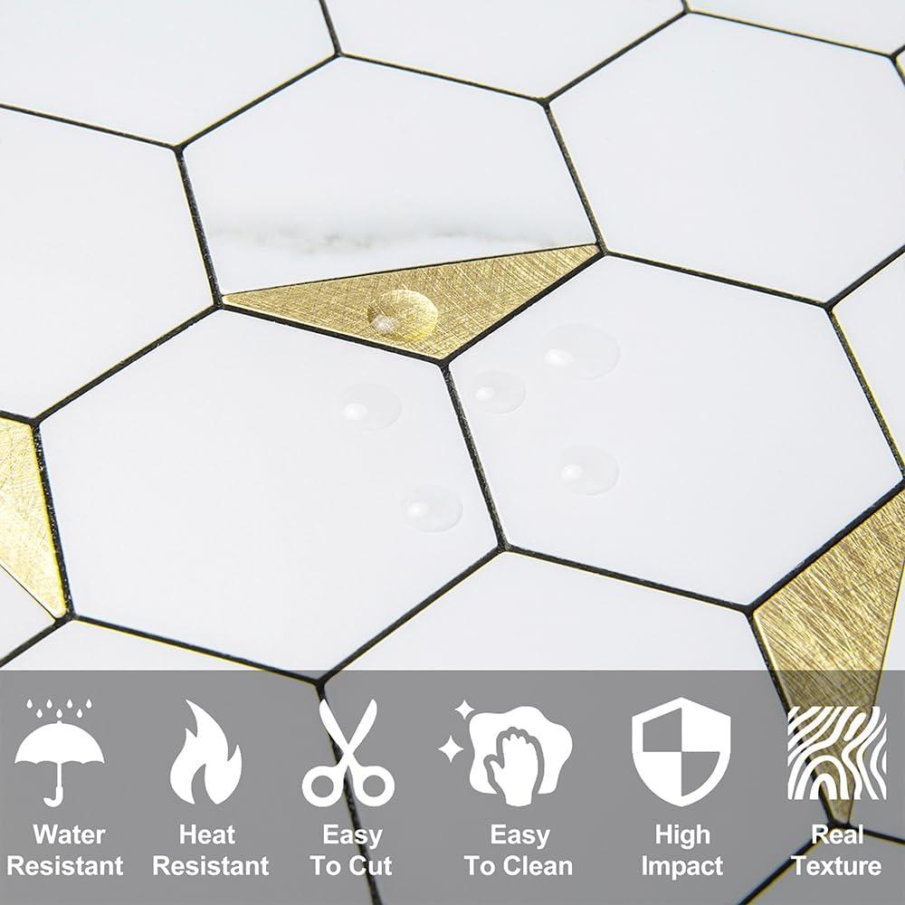 DICOFUN 10-Sheet Hexagon Tile Peel and Stick Backsplash, White Marble Look PVC Mixed Golden Metal Mosaic Tiles for Kitchen and Bathroom