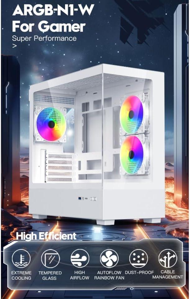 DIYPC ARGB-N1-W White USB3.0 /Type C Micro ATX Gaming Computer Case w/ Frameless Dual Tempered Glass Panel and 3 x ARGB 120mm Fans (Pre-Installed). Support 4090TI GPU and 360mm AIO