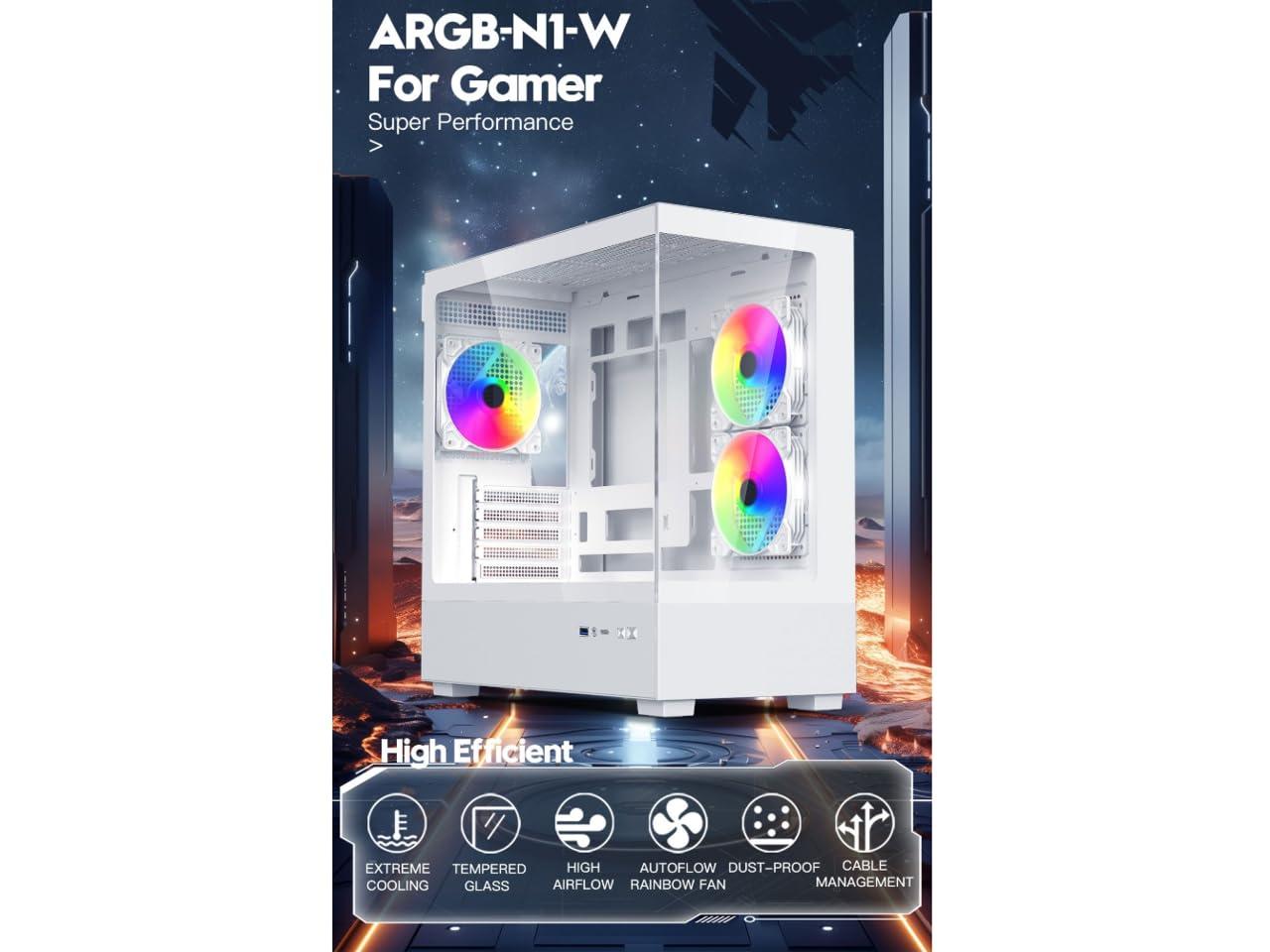 DIYPC ARGB-N1-W White USB3.0 /Type C Micro ATX Gaming Computer Case w/ Frameless Dual Tempered Glass Panel and 3 x ARGB 120mm Fans (Pre-Installed). Support 4090TI GPU and 360mm AIO