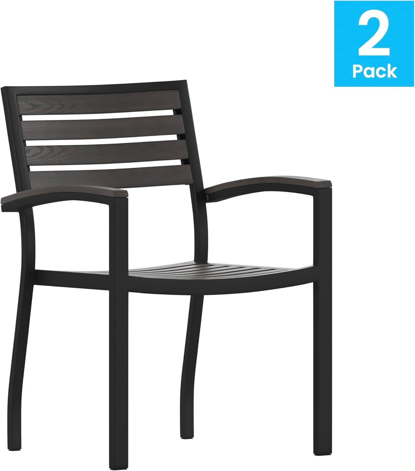 Flash Furniture 2 Pack All-Weather Black Aluminum Patio Stack Chairs - Gray Wash Faux Teak Slats