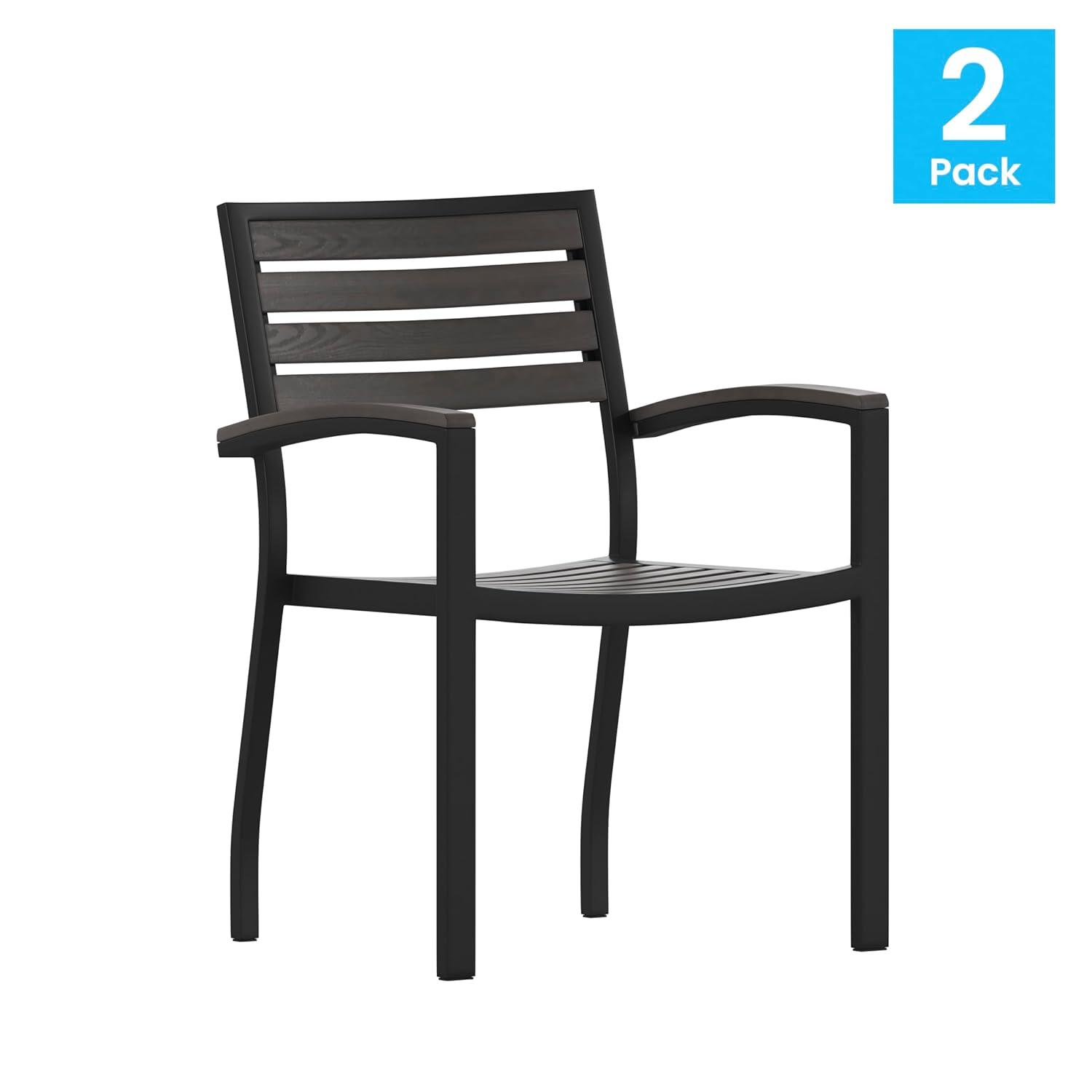 Flash Furniture 2 Pack All-Weather Black Aluminum Patio Stack Chairs - Gray Wash Faux Teak Slats