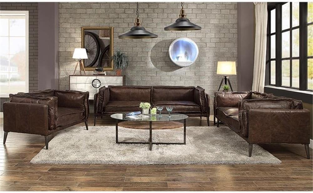 Distressed Chocolate Leather Loveseat with Down Fill Cushions