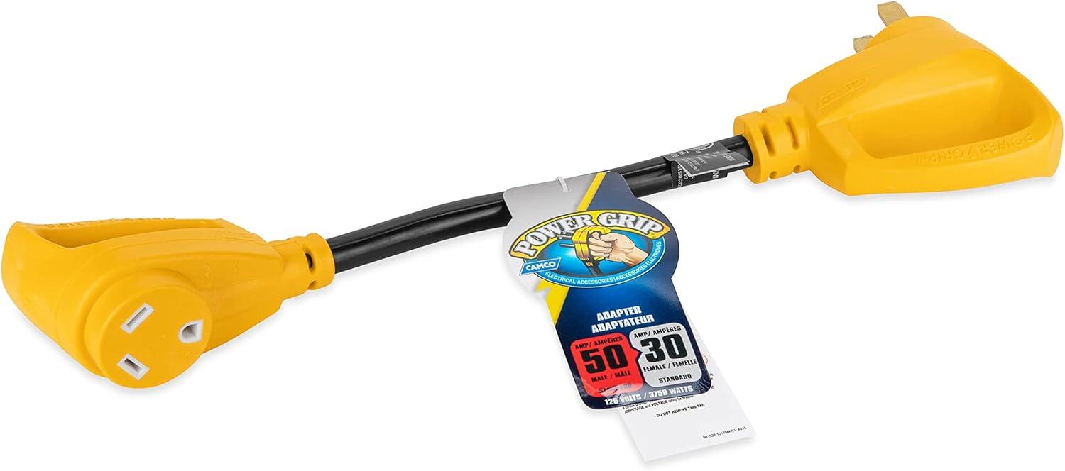 Camco Power Grip 18-inch 50 to 30-Amp Dogbone RV Electrical Adapter - 125 Volts 3750 Watts – 10/3-Gauge Wires, Yellow (55175)