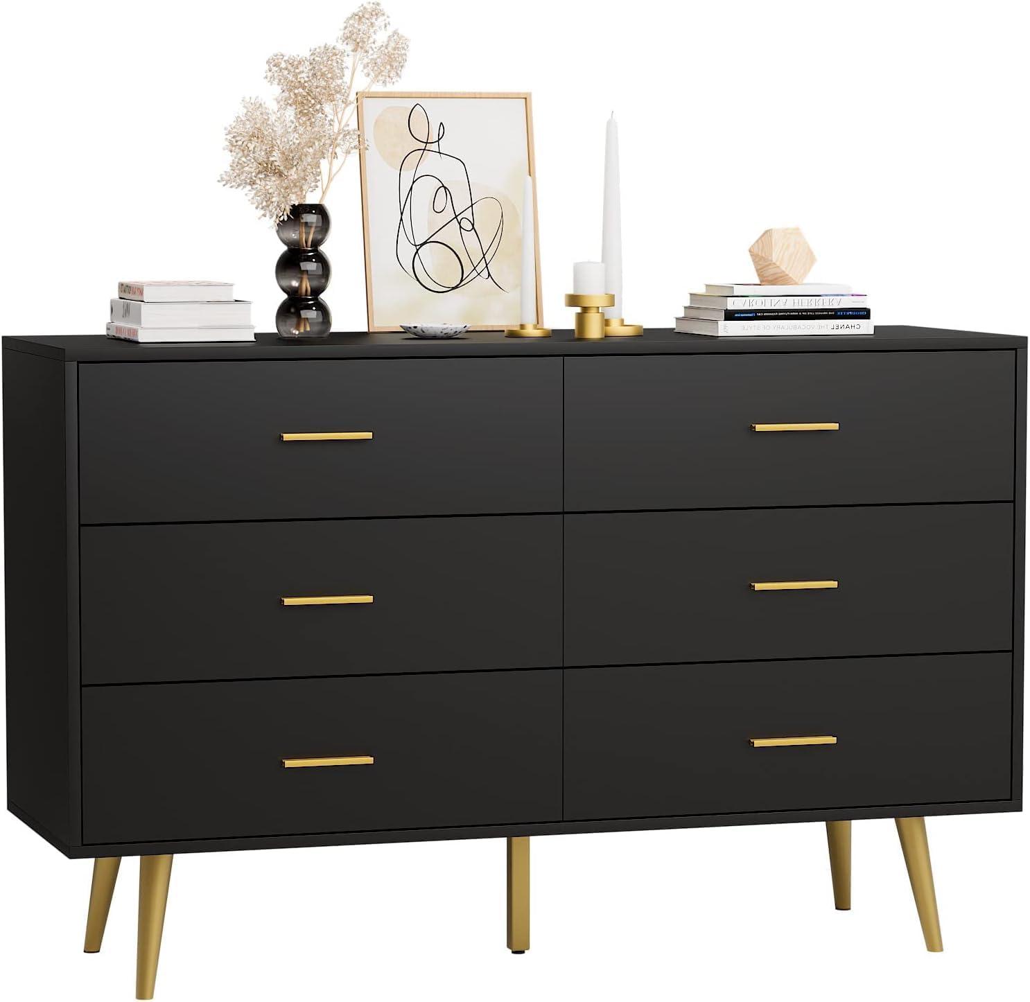 Black Modern 6-Drawer Dresser with Gold Handles