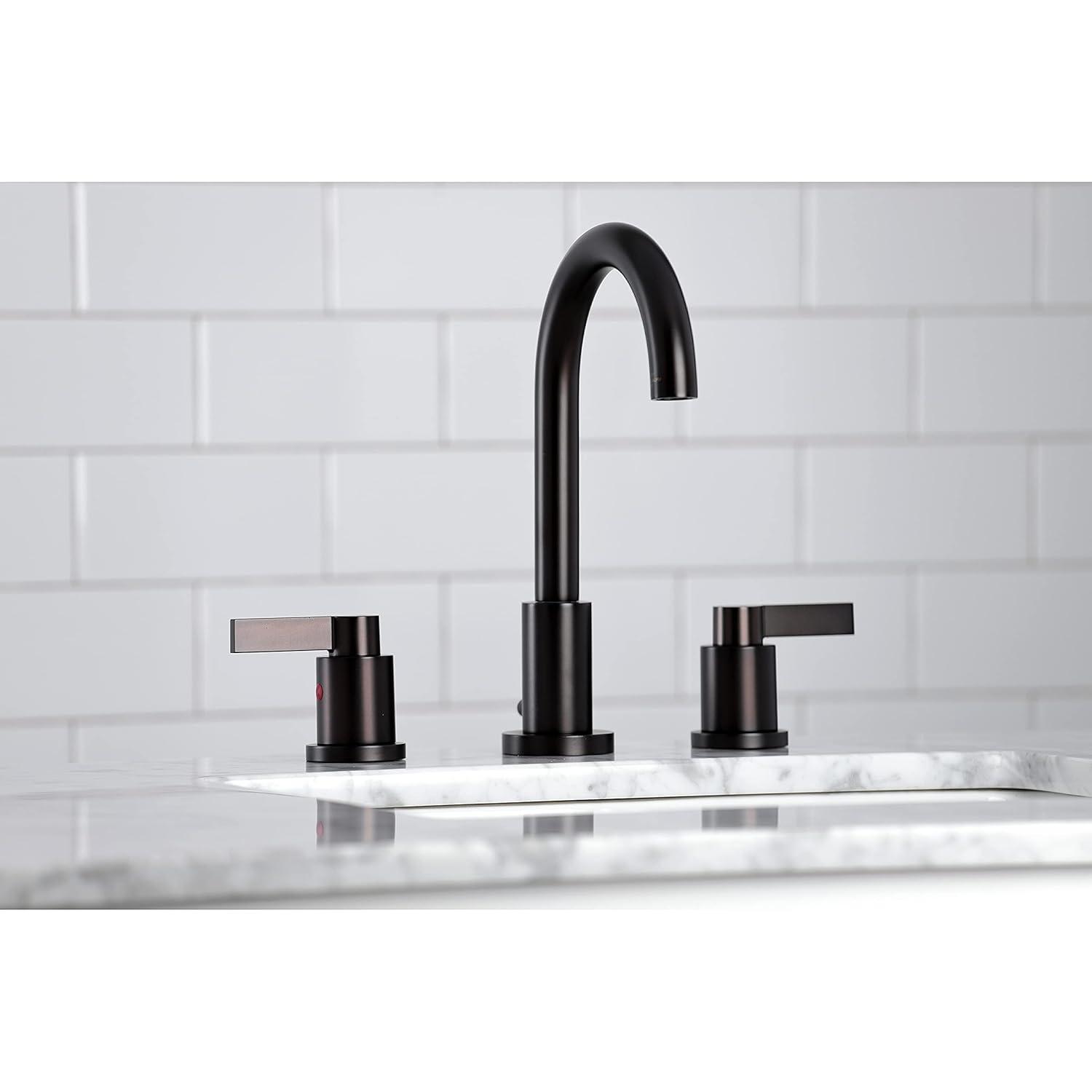 Kingston Brass NuvoFusion Two-Handle 3-Hole Deck Mount Widespread Bathroom Faucet with Brass Pop-Up Drain