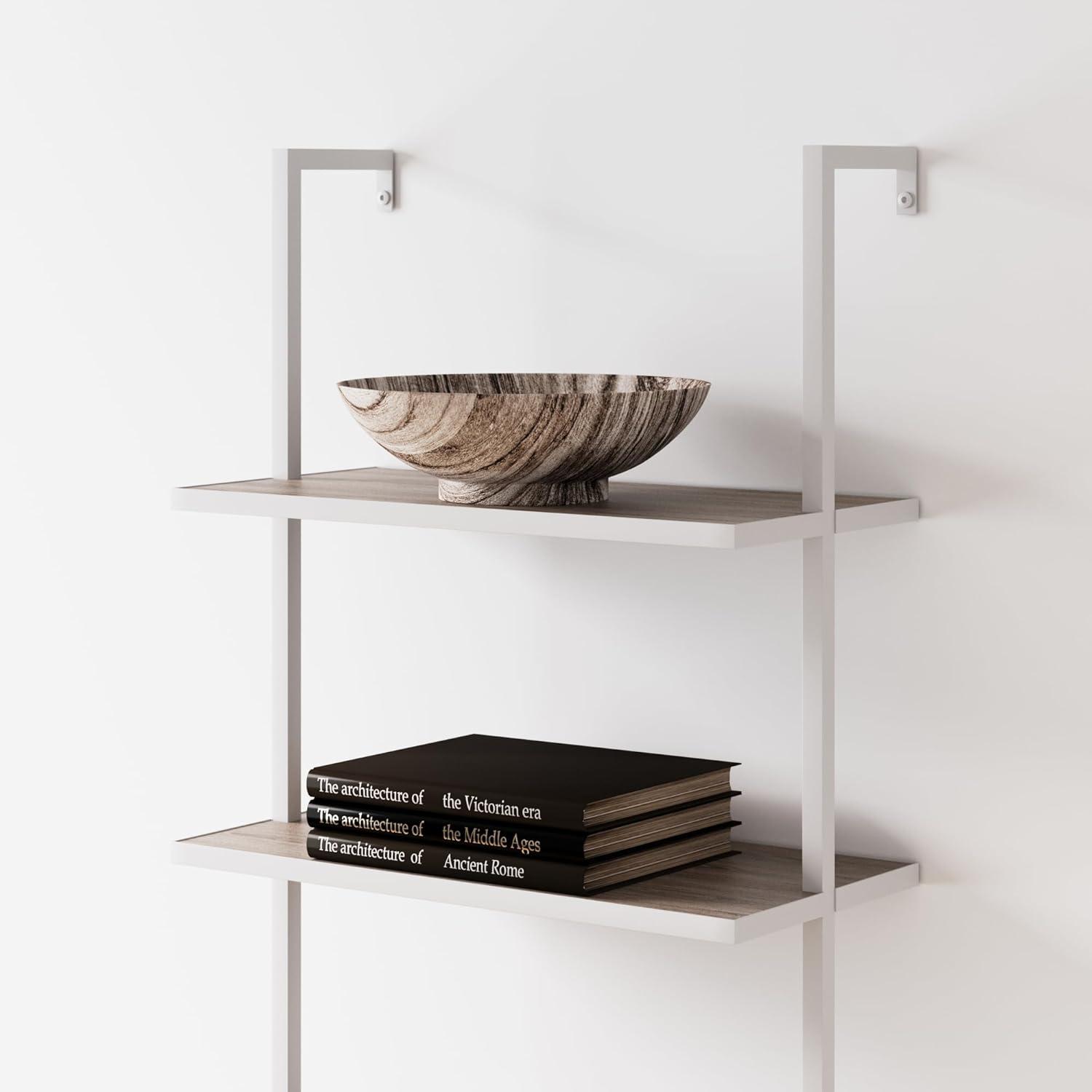 Gray Oak and White 5-Shelf Ladder Bookcase with Metal Frame