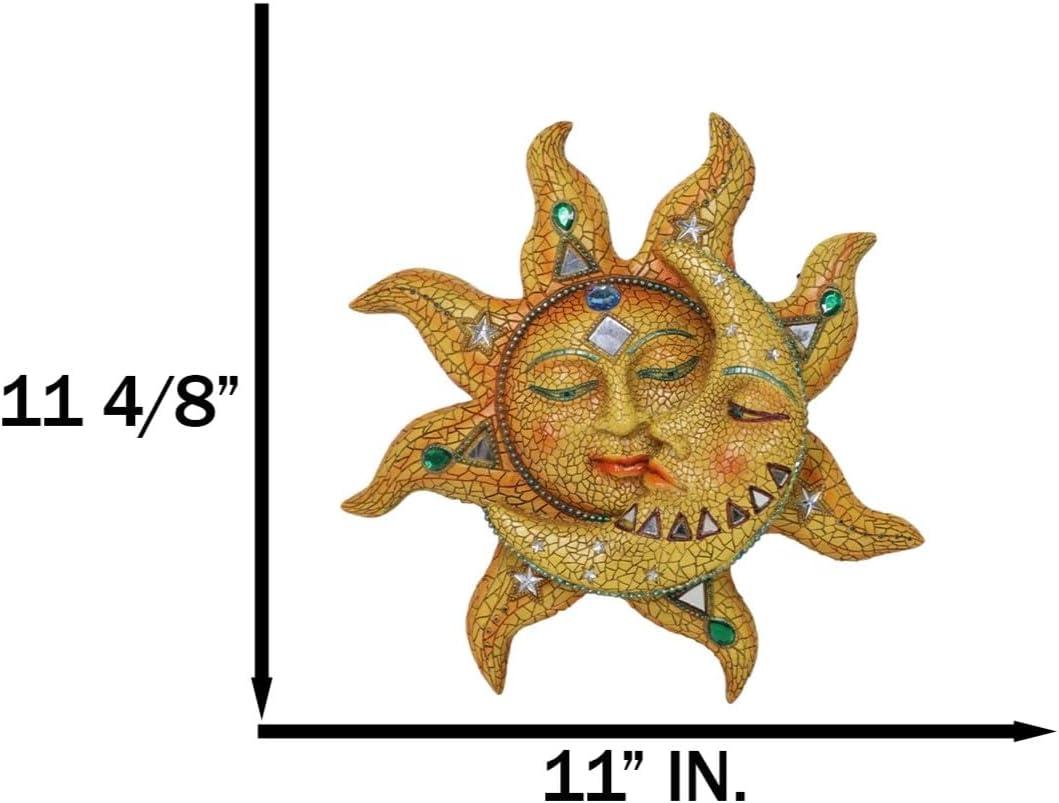 Ebros Cara de Mosaico Naranja Sol con Luna de Mosaico Amarillo, Decoración de Placa de Pared de 13"H