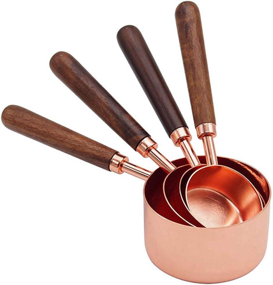 Set of 4 Stainless Steel Measuring Cups, Copper Plated Nesting Measuring Cup Set with Walnut Wood Handle for Dry and Liquid Ingredients (Cups Set: 1/4, 1/3, 1/2, 1 Cup)