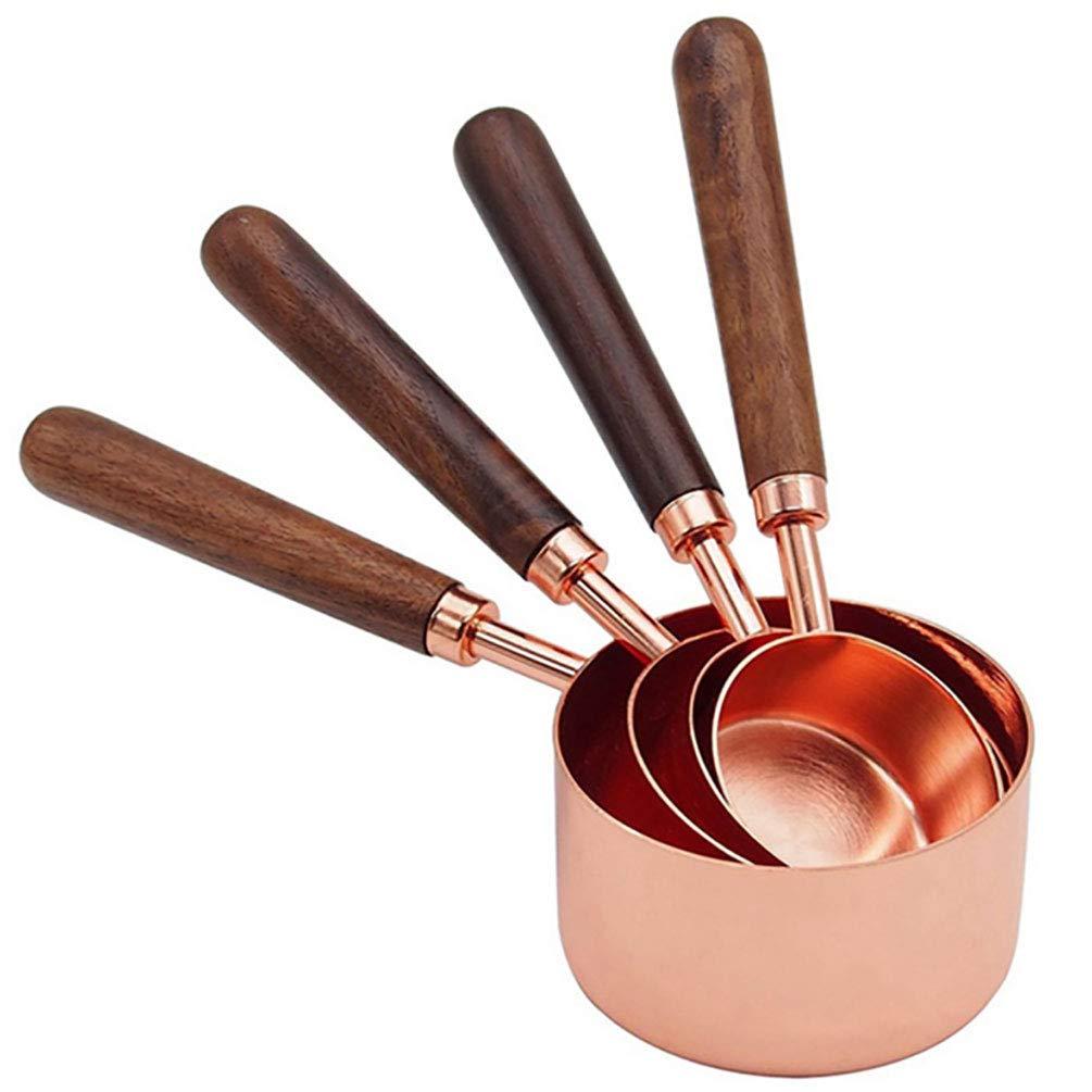 Set of 4 Stainless Steel Measuring Cups, Copper Plated Nesting Measuring Cup Set with Walnut Wood Handle for Dry and Liquid Ingredients (Cups Set: 1/4, 1/3, 1/2, 1 Cup)