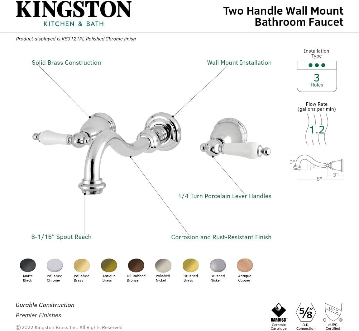 Kingston Brass Vintage Two-Handle 3-Hole Wall Mount Bathroom Faucet