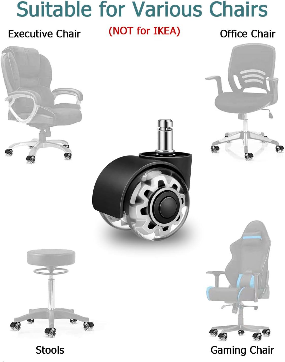 Office Chair Caster Wheels 2" Dual Wheels Set of 5 for Tile and Hardwood Floors, Universal Fit for Most Chairs (Transparent)