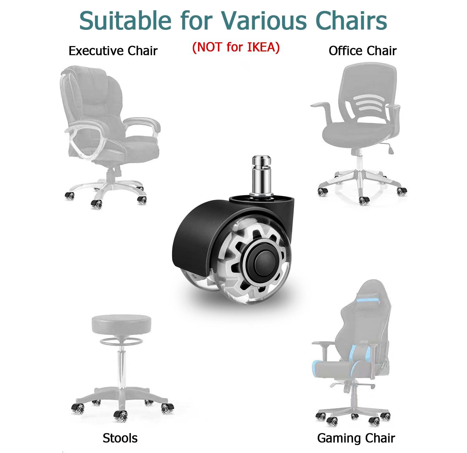 Office Chair Caster Wheels 2" Dual Wheels Set of 5 for Tile and Hardwood Floors, Universal Fit for Most Chairs (Transparent)