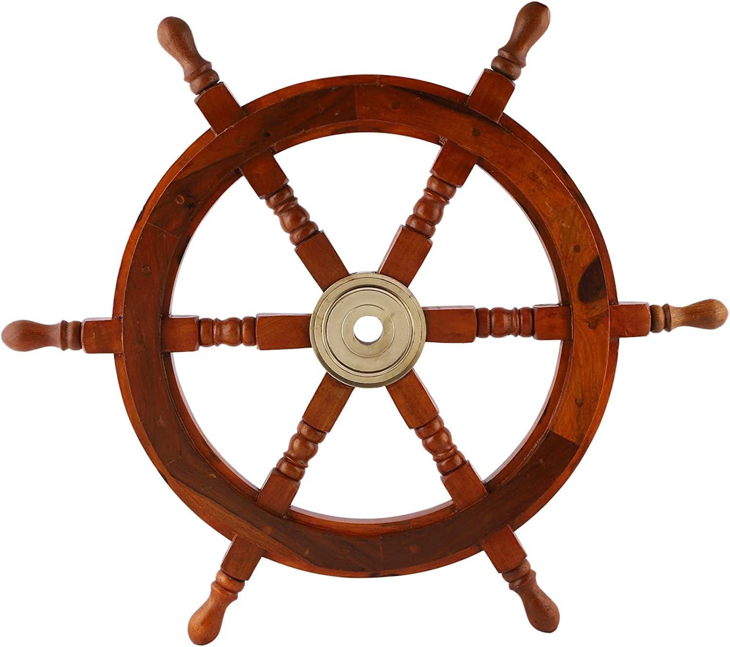 24" Dark Rosewood and Brass Nautical Ship Wheel Decor