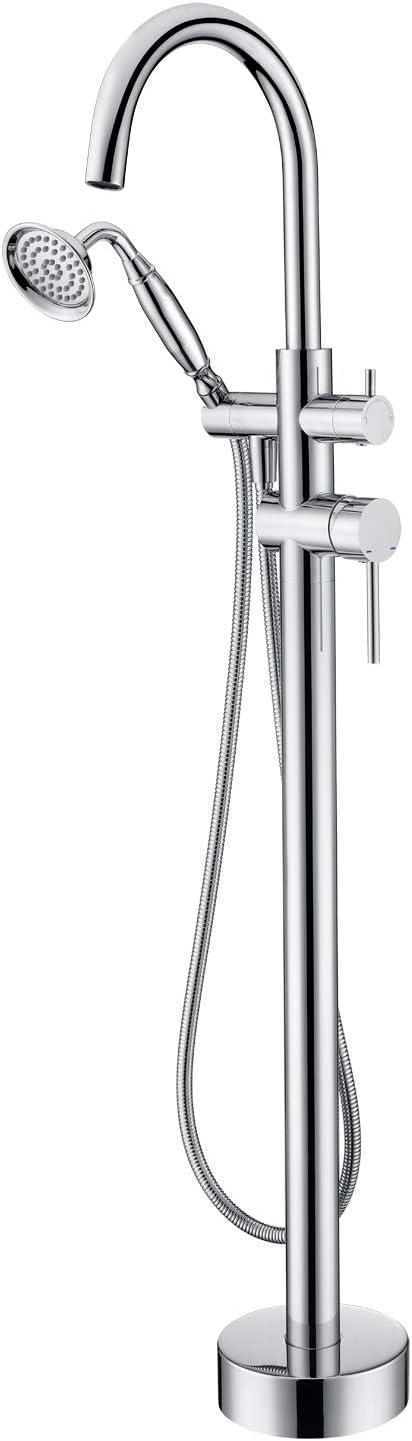 Tub Filler, Freestanding Bathtub Faucet, Floor Mounted Brass Bathroom Tub Faucets with Hand Shower, Chrome