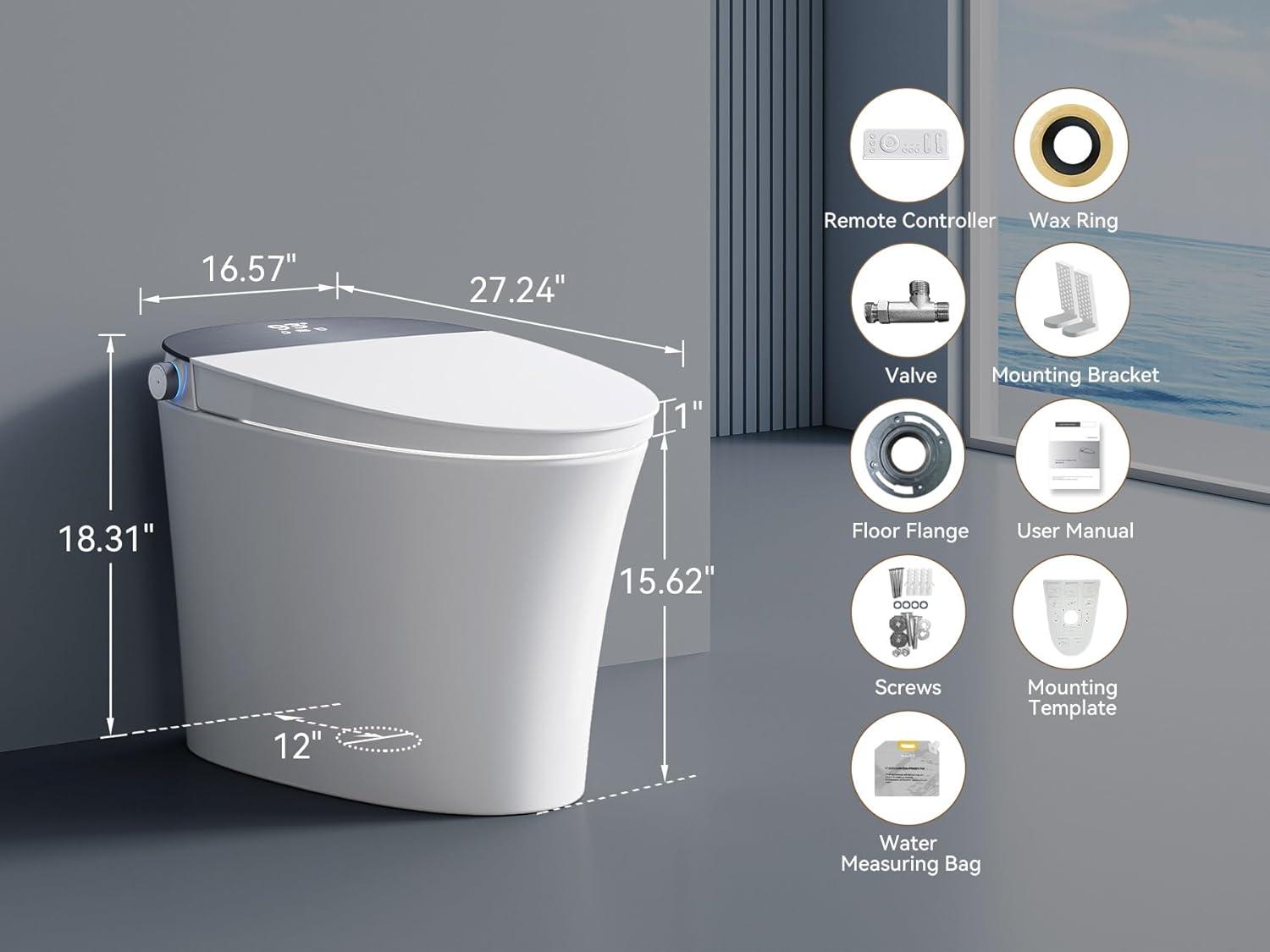 Smart Toilet with Bidet Built-in Filtered Water Cleaning, Instant Warm Water & Heated Seat, Smart Bidet Toilet with Auto/Blackout Flush, Dryer, Deodorization, Night Light & Digital Display