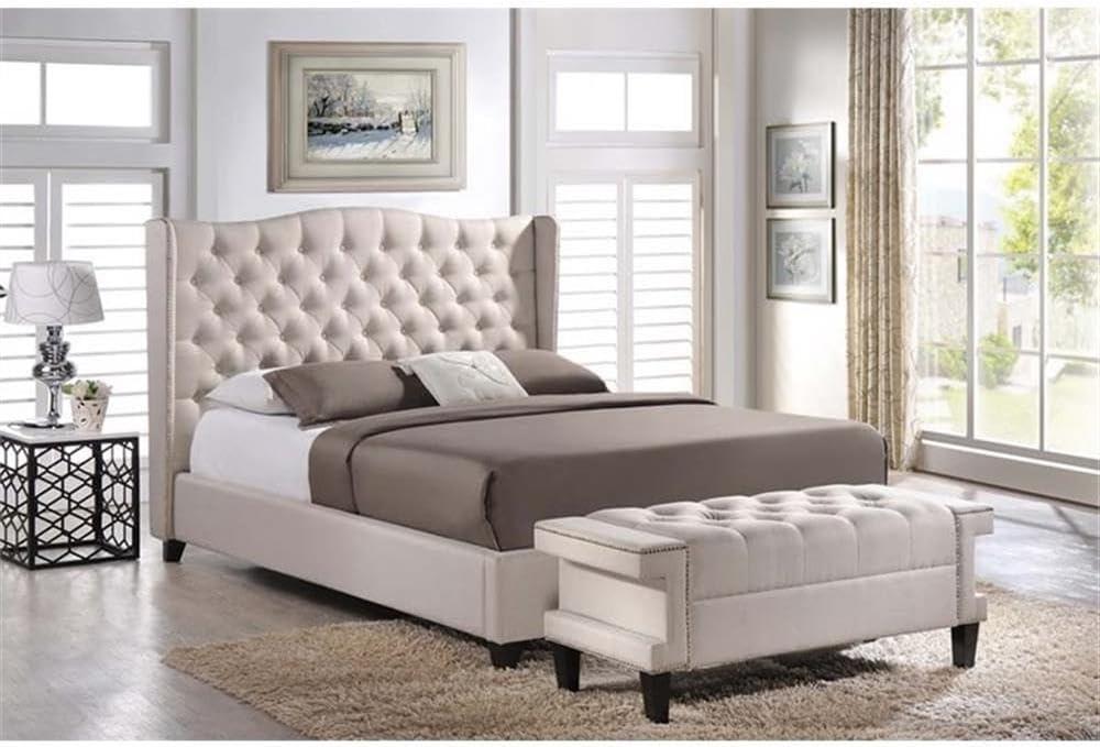 King Norwich Linen Modern Platform Bed Light Beige - Baxton Studio: Wood Composite Frame, No Box Spring Needed