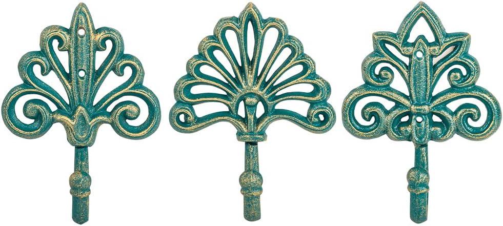 Antique Green Cast Iron Decorative Wall Hooks Set of 3