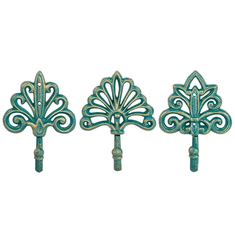Antique Green Cast Iron Decorative Wall Hooks Set of 3