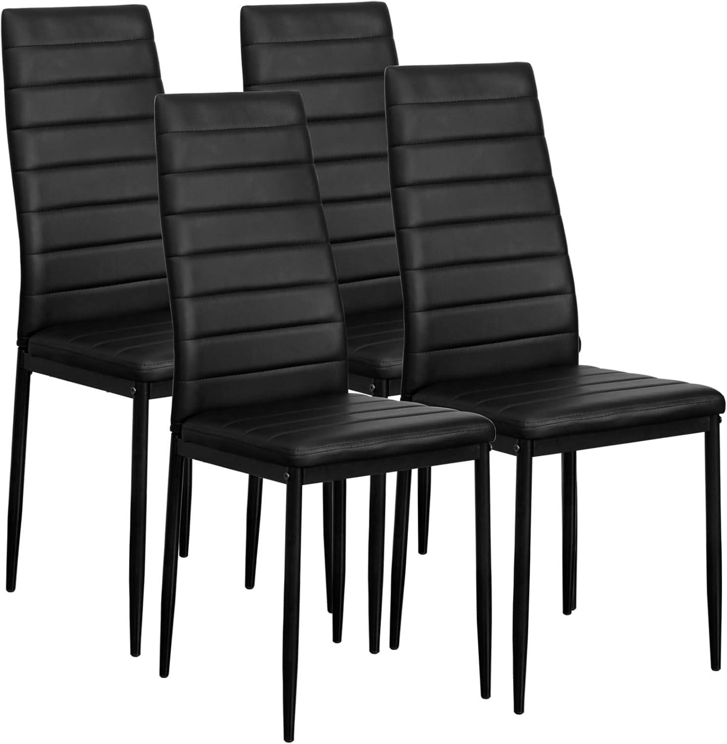 Modern Dining Chairs Set of 4, Mid Century Dining Chair w/Metal Legs, High Back and Leather, Upholstered Kitchen & Dining Room Chairs, Black