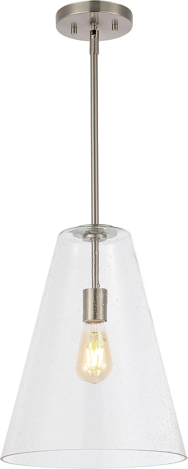 Arlo 11.5" 1-Light Mid-Century Modern Iron/Seeded Glass LED Pendant, Nickel/Clear