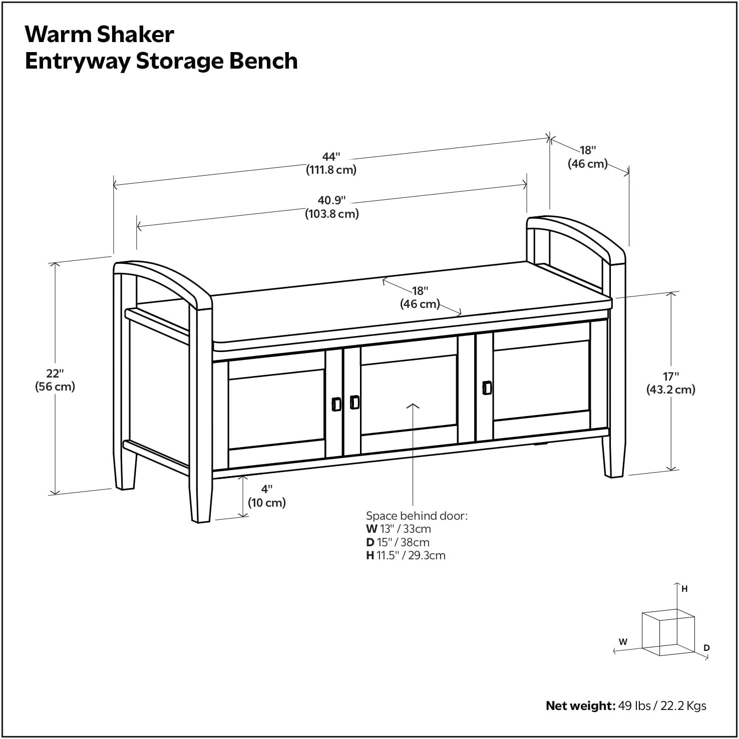 Simpli Home Warm Shaker 44"W Solid Wood Entryway Storage Bench with 3 Cabinets, Shaker-Style Doors and Interior Shelves