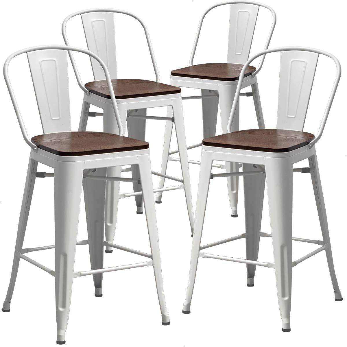 Aklaus Metal Bar Stools Set of 4,24 inch Barstools Counter Height Bar Stool with Back Farmhouse Bar Stools with Larger seat High Back Kitchen Dining Chairs Modern Bar Chairs White Cream Stool