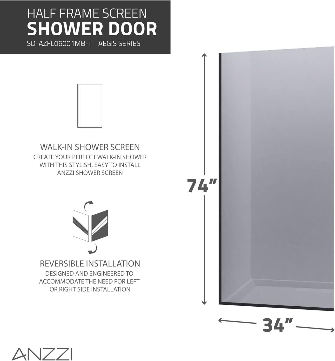 Veil Series 34” W x 74” H Frameless Glass Fixed Shower Screen Shower Door