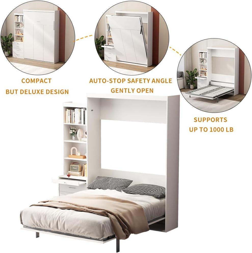 Bellemave Modern Full Size Murphy Bed with Storage Shelf and Drawers for Bedroom or Guestroom,Murphy Chest Bed Space-Saving Folding White Wall Bed with New Style,White