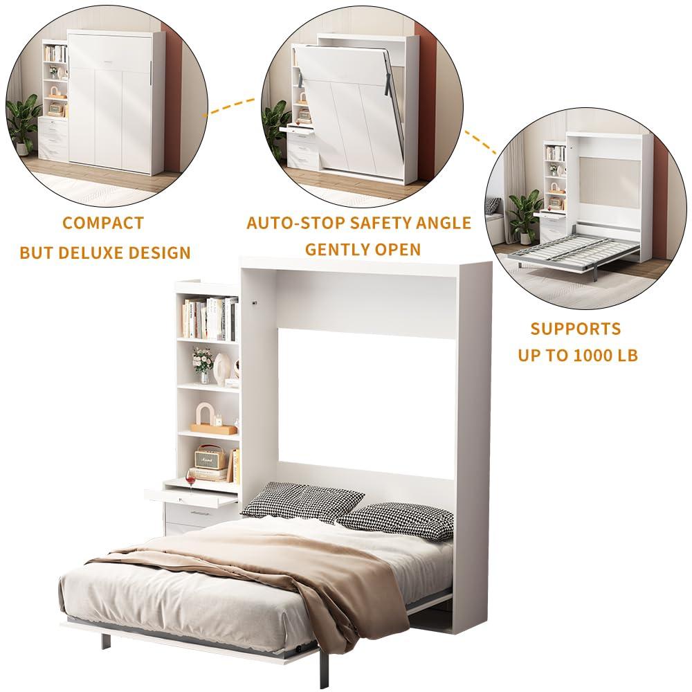 Bellemave Modern Full Size Murphy Bed with Storage Shelf and Drawers for Bedroom or Guestroom,Murphy Chest Bed Space-Saving Folding White Wall Bed with New Style,White