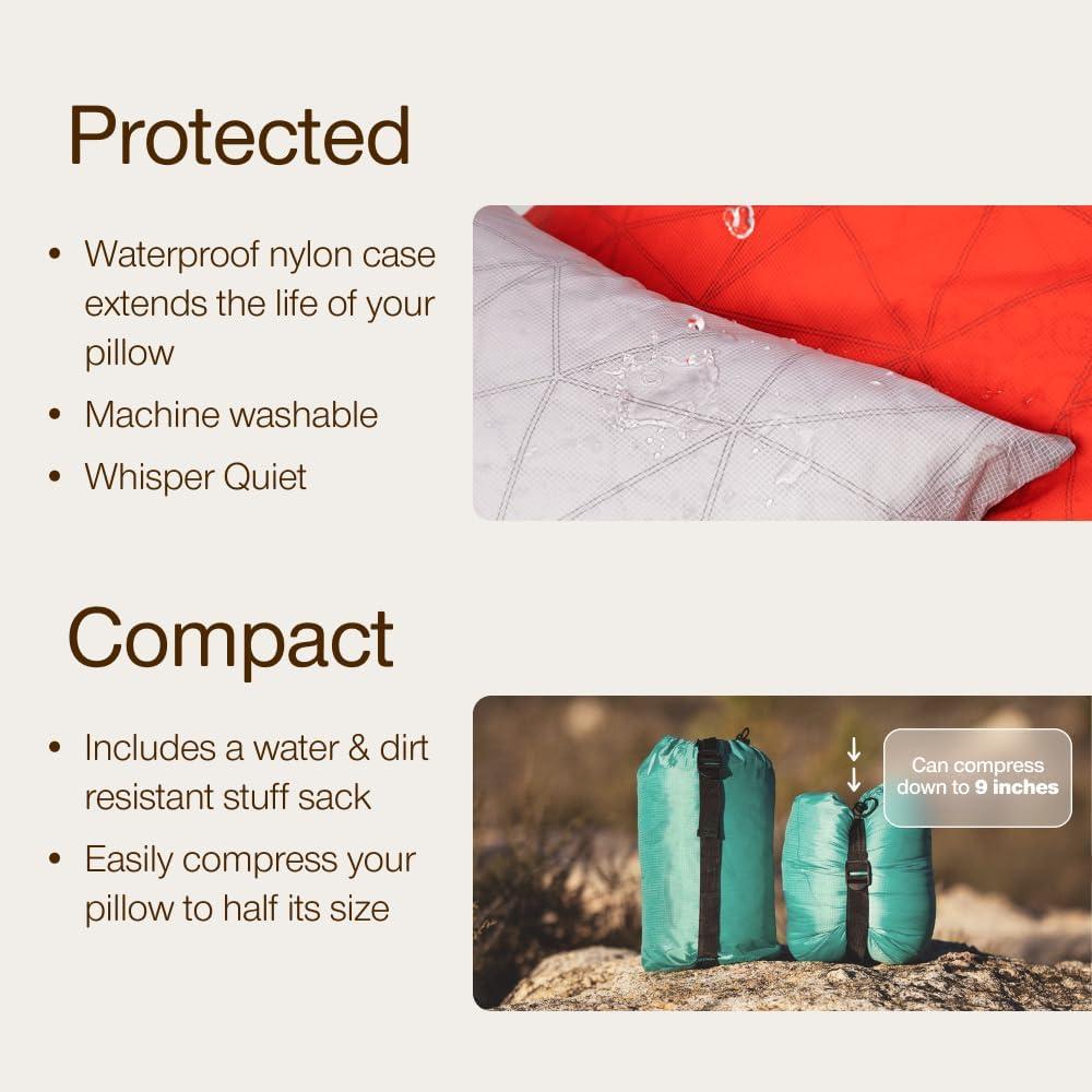 Coop Home Goods Adjustable Travel Pillow - 1 Camping Pillow and 1 Grey Pillowcase Bundle w/ Compressible Stuff Sack