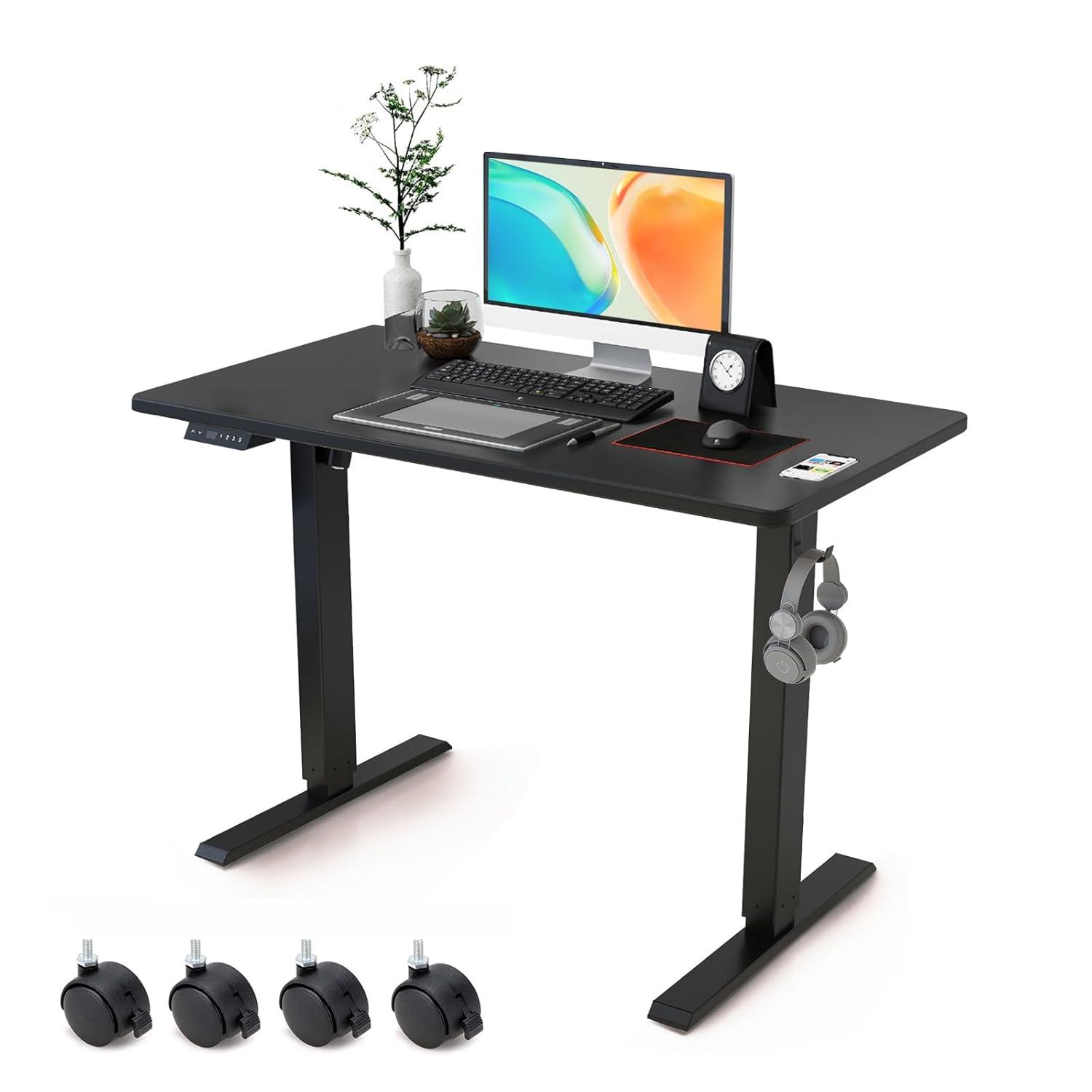 Electric Standing Desk Adjustable Height - Rolling Sit to Stand Desks on Wheels - Mobile Standup Computer Table 48 Inch Brown One Piece Desktop and Rising Frame with Storage for Home Office & Gaming