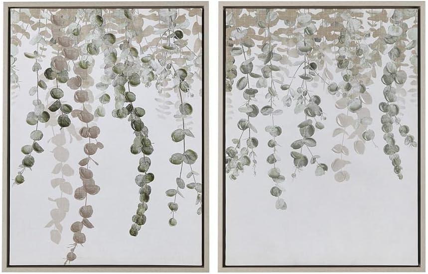 2pc Botanical Waterfall Eucalyptus Framed Canvas Wall Decor Set Green - Ink+Ivy: Modern Vertical Art, D-Ring Ready