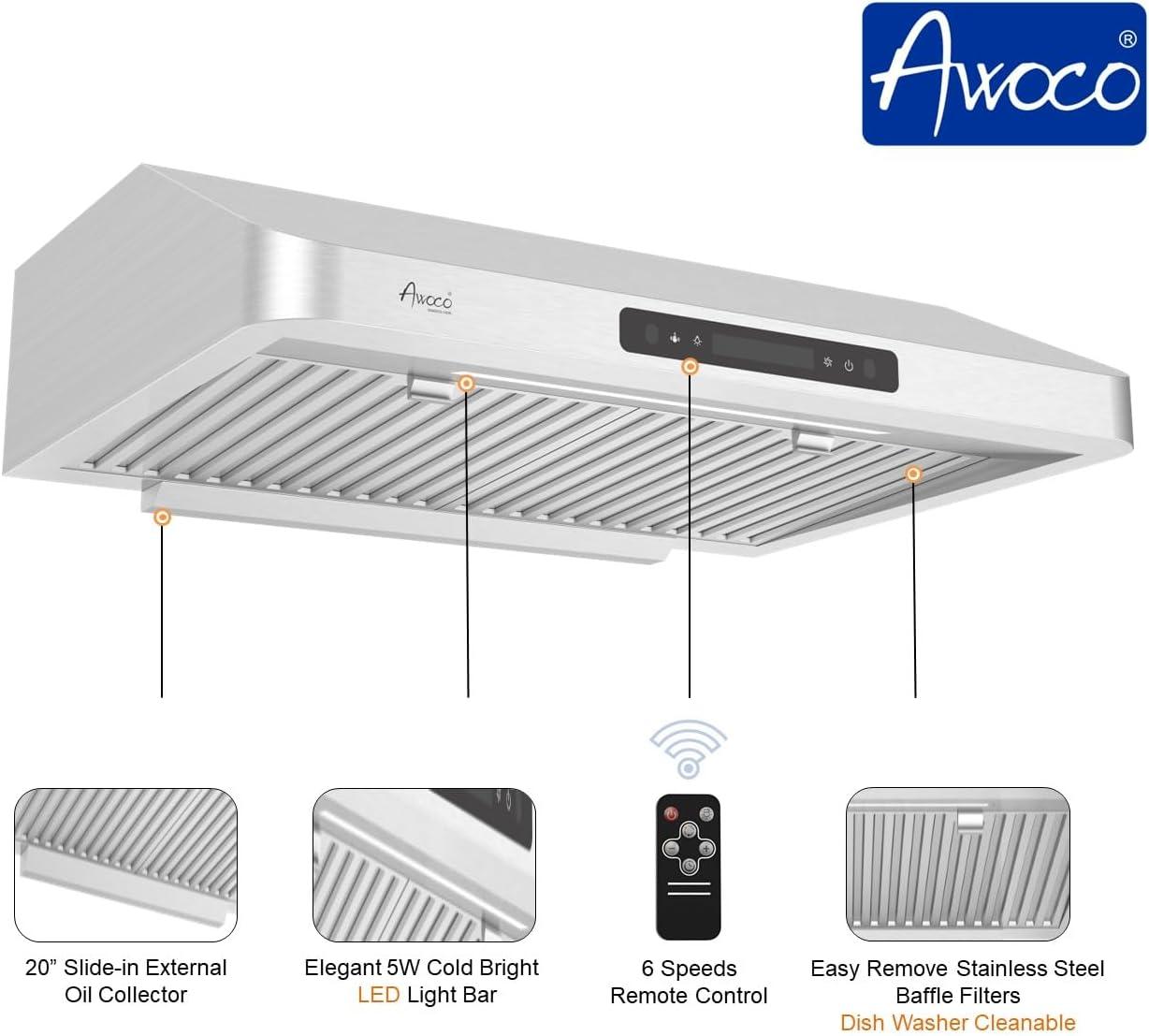 Awoco 30" Stainless Steel 900 CFM Ducted (Vented) Under Cabinet Range Hood with Baffle Filter