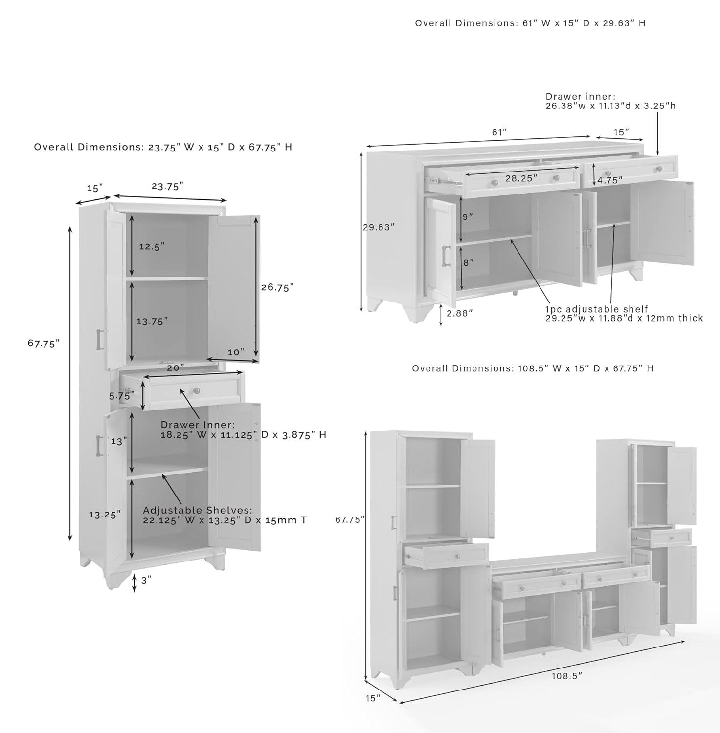 3pc Tara Sideboard and Pantry Set Distressed Gray - Crosley