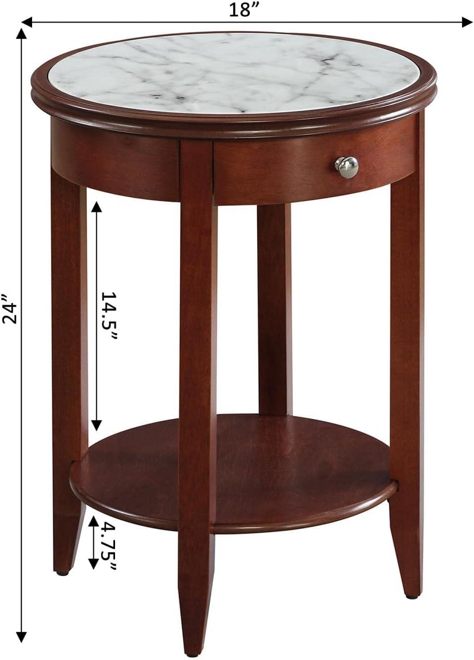 Traditional Mahogany Round End Table with White Faux Marble Top and Storage