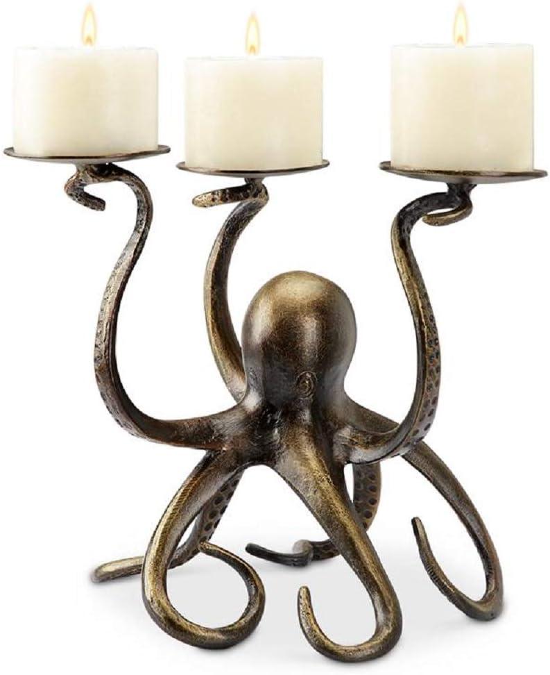 Bronze Ceramic Octopus Trio Hurricane Candelabra 10.5"