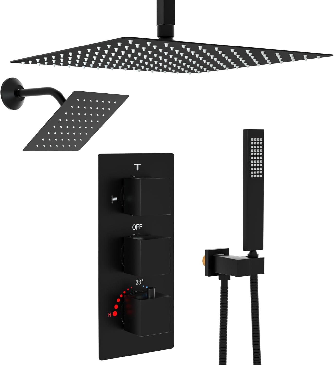 GRANDJOY 16 inch Complete Dual Shower Head System, Celling Mounted Shower Faucet Set with Hand Shower Head, Rough in-Valve, 6 Massage Body Jets - Matte Black