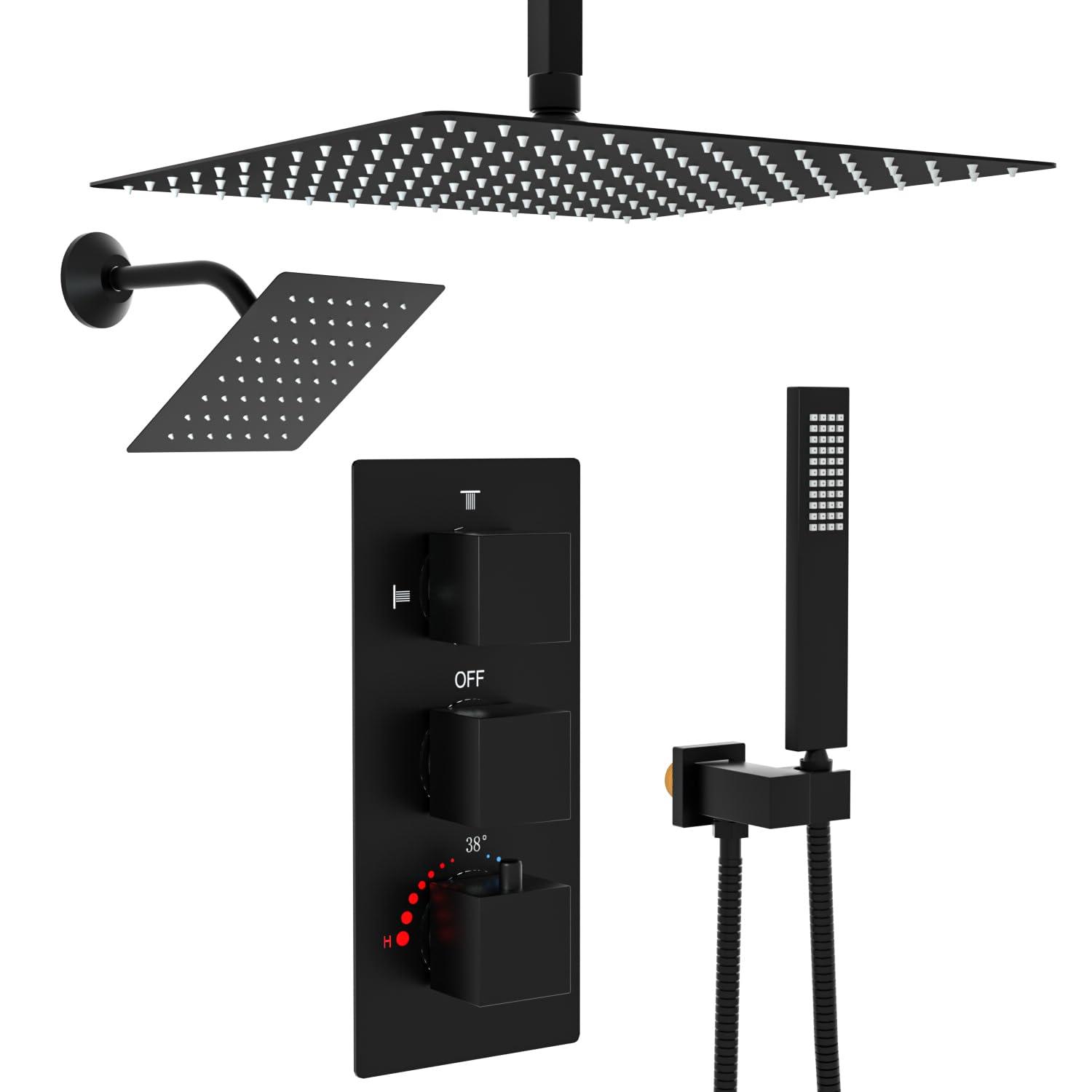GRANDJOY 16 inch Complete Dual Shower Head System, Celling Mounted Shower Faucet Set with Hand Shower Head, Rough in-Valve, 6 Massage Body Jets - Matte Black