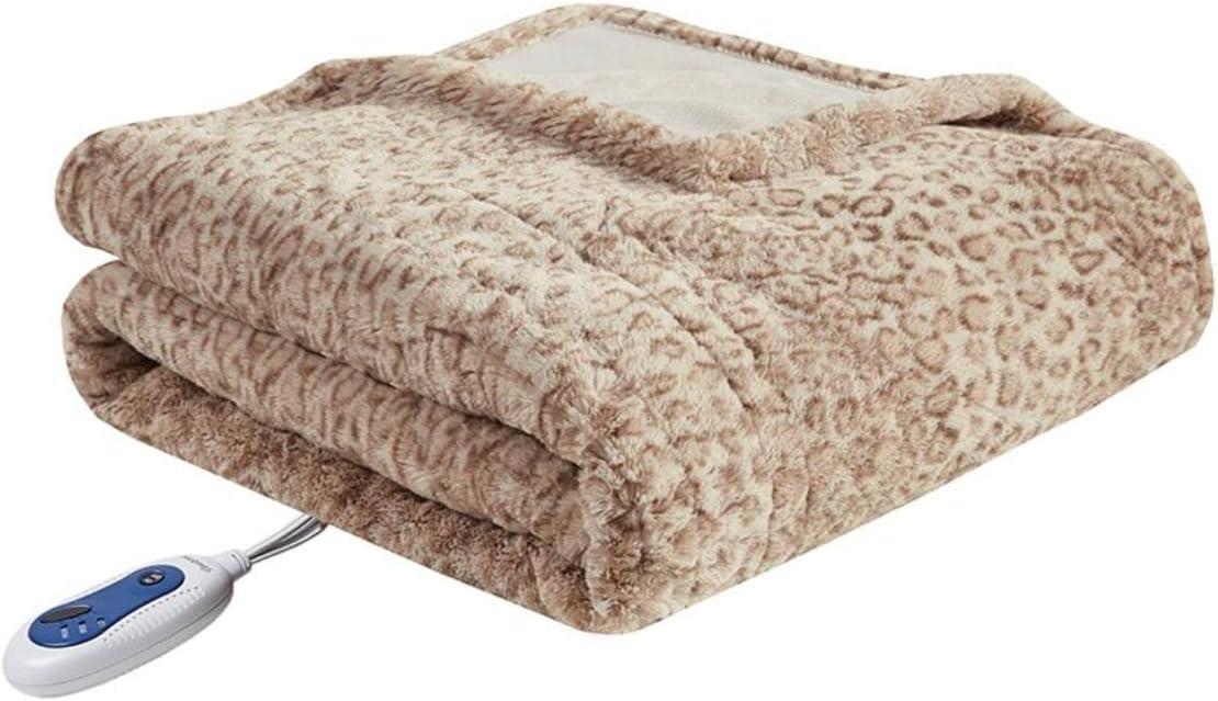 Beautyrest Zuri Reversible Faux Fur to Mink Electric Blanket, Auto Shut Off, Virtually Zero EMF, Multi Heat Setting, UL Certified, Machine Washable, Leopard Throw 50x70