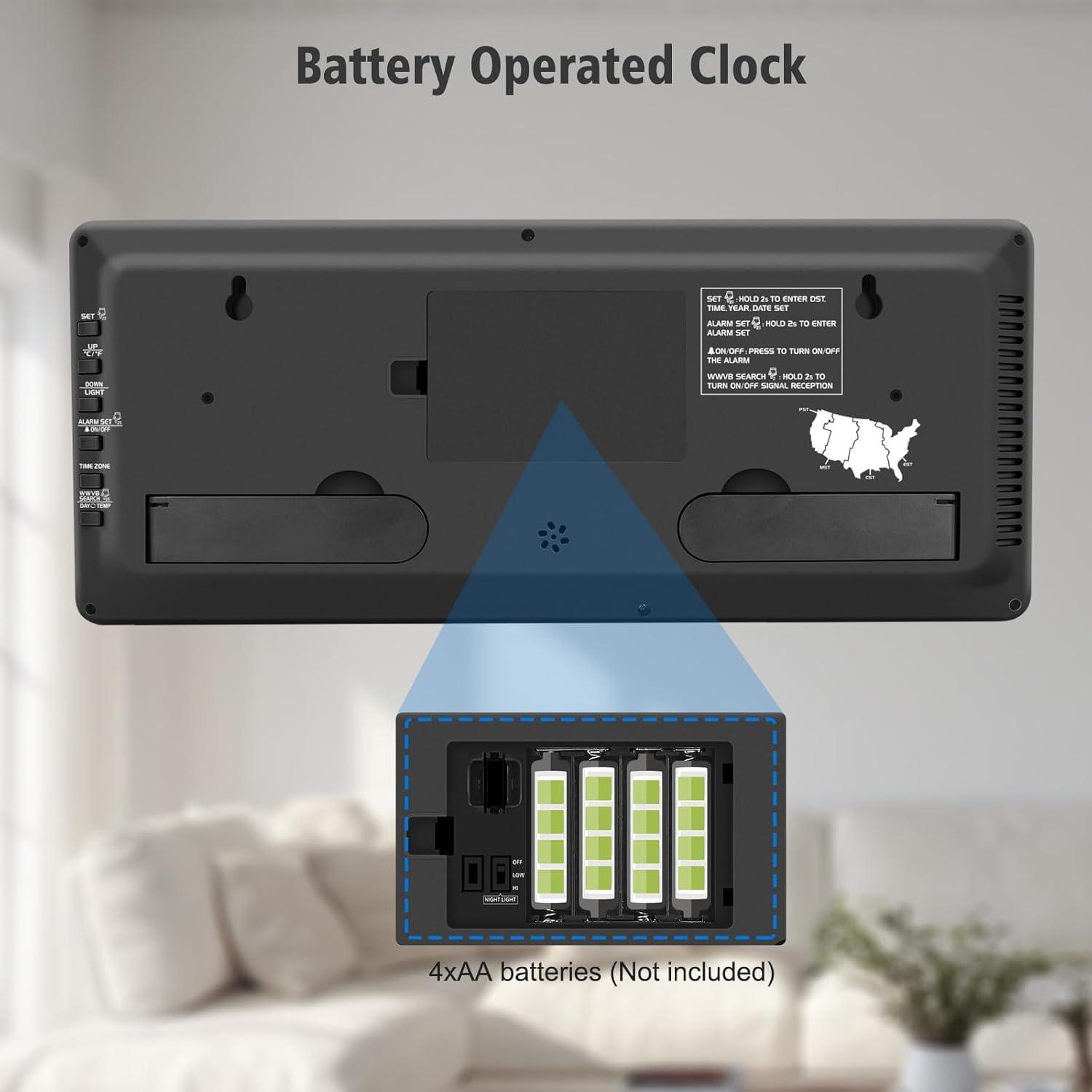 WallarGe 14.5'' Large Digital Wall Clock Battery Operated with Jumbo Numbers, Temperature and Date - Easy to Read and Set, Auto DST